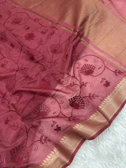 Maroon Mul Chanderi Chikankari Saree