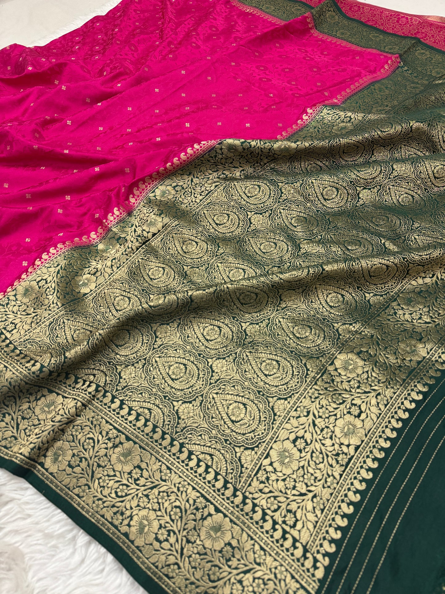 Rani Pink to Bottle Green Banarasi Mashru Silk Saree