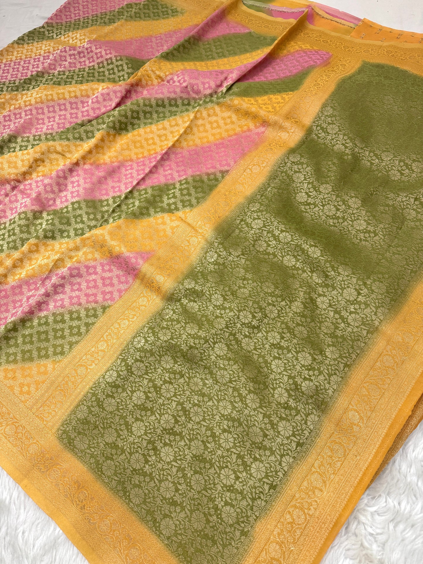 Mustard Yellow Leheriya Rangkaat Banarasi Khaddi Georgette Saree
