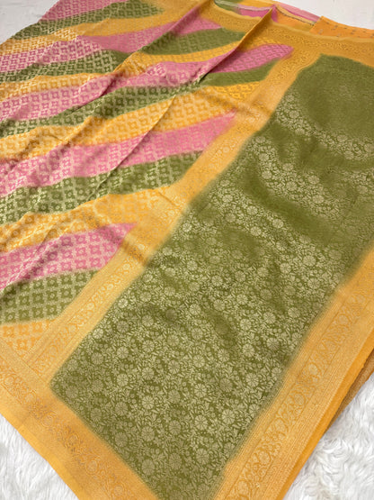 Mustard Yellow Leheriya Rangkaat Banarasi Khaddi Georgette Saree