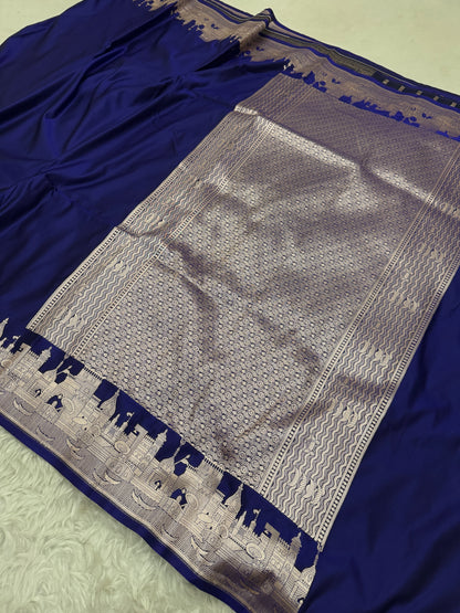 Deep Royal Blue Kashi Ghat Banarasi Satin Katan Silk Saree