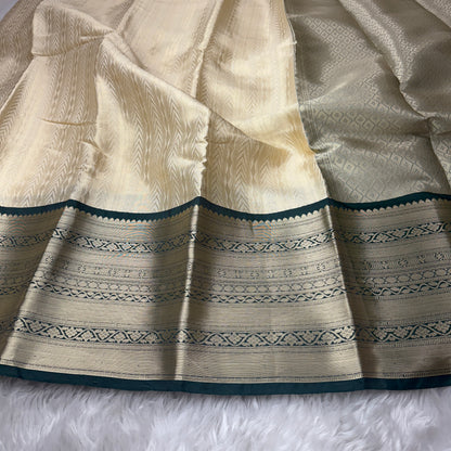 Off White to Bottle Green Kanjivaram Silk Saree