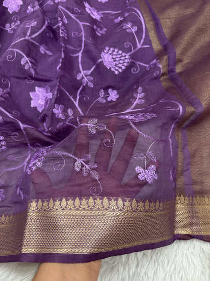 Purple Mul Chanderi Chikankari Saree
