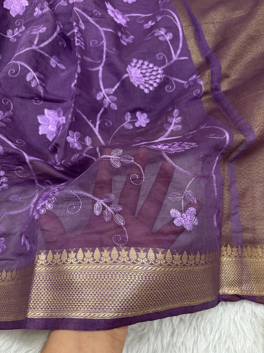 Purple Mul Chanderi Chikankari Saree
