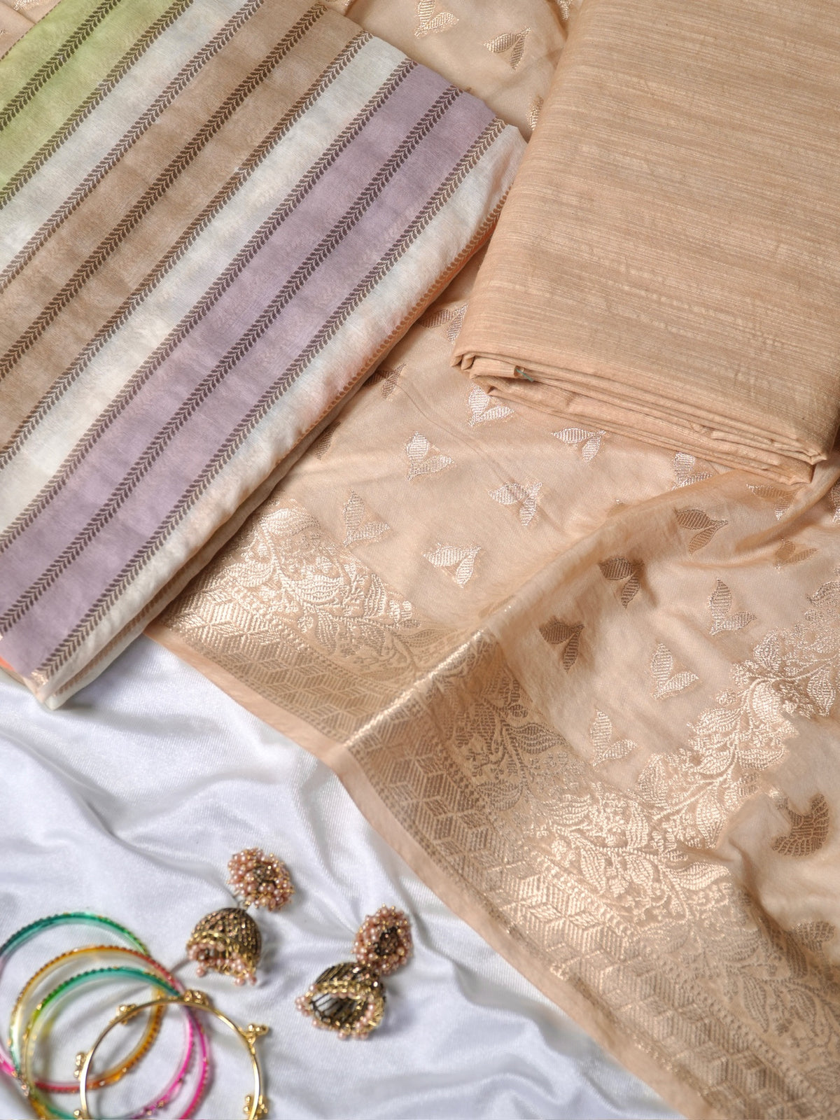 Beige Rangkaat Mul Chanderi Banarasi Suit Set