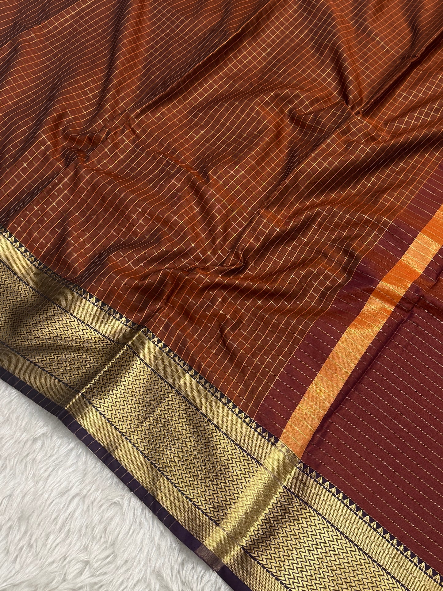 Rust Orange Semi Kanchipuram Silk Checks Saree