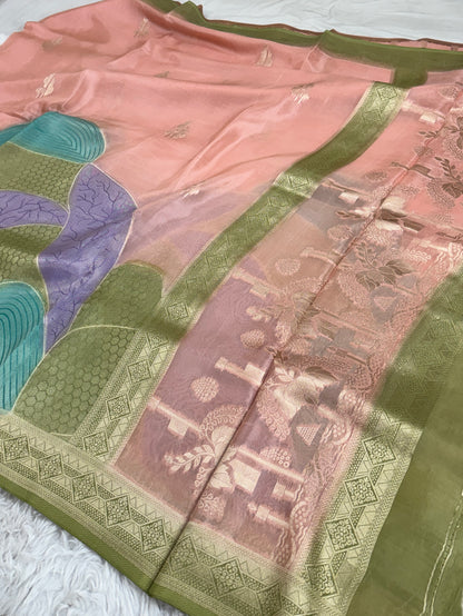 Peach Banarasi Rangkaat Organza Crepe Silk Saree