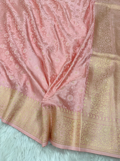Peachish Pink Banarasi Mashru Silk Saree