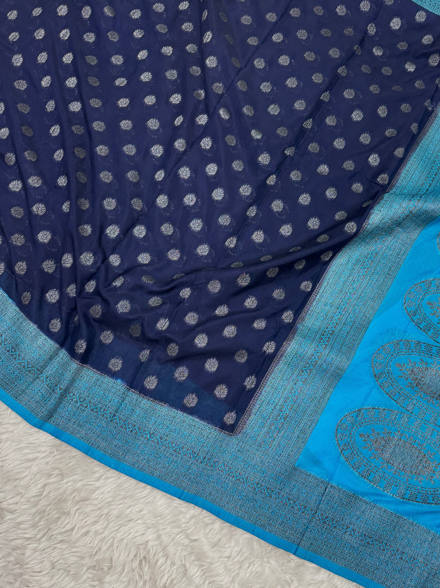Navy Blue to Firozi Banarasi Crepe Georgette Saree