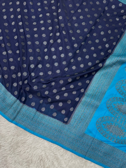 Navy Blue to Firozi Banarasi Crepe Georgette Saree