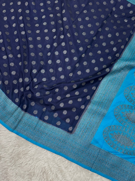Navy Blue to Firozi Banarasi Crepe Georgette Saree