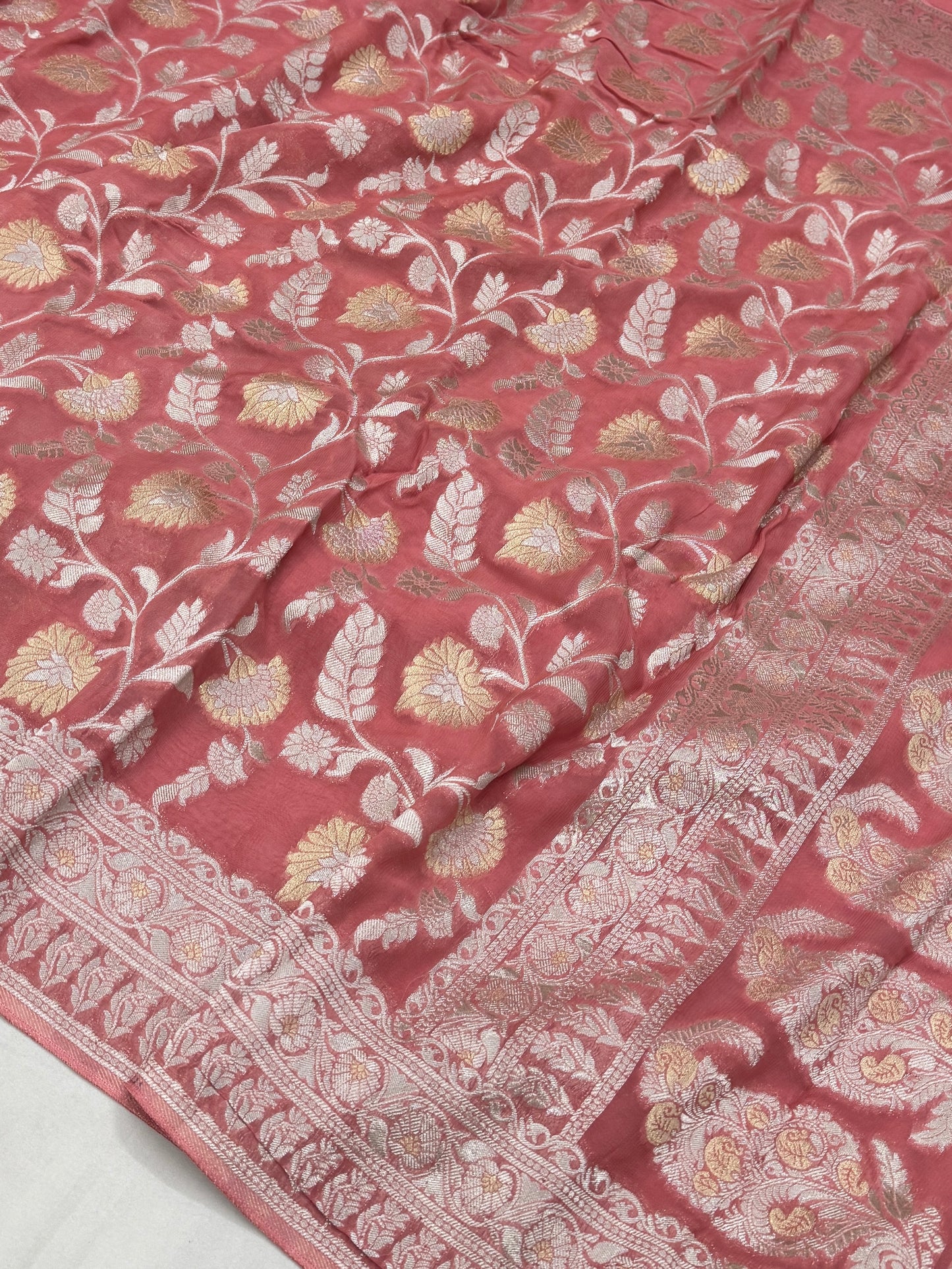 Rose Pink Banarasi Viscose Khaddi Georgette Saree