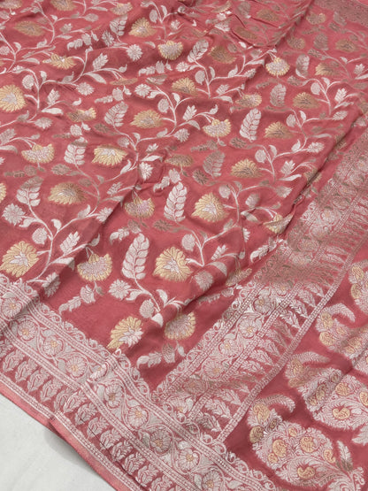 Rose Pink Banarasi Viscose Khaddi Georgette Saree