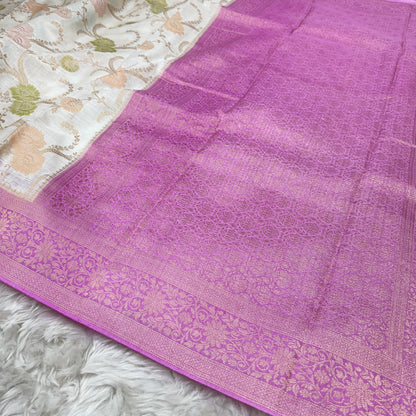 Off White to Pink Banarasi Meenakari Jaal Semi Tussar Silk Saree