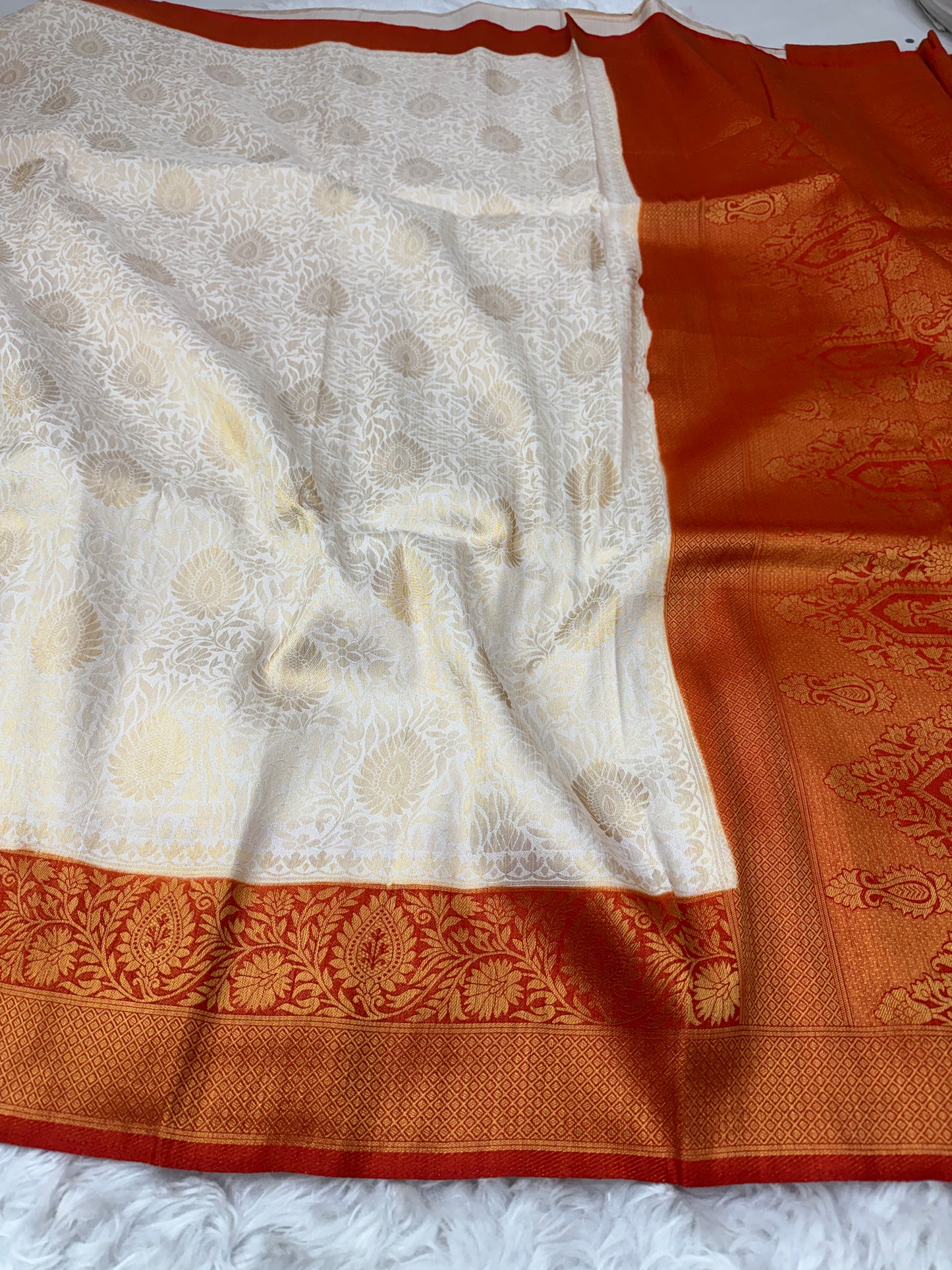 Off White to Burnt Orange Kanjivaram Soft Silk Saree