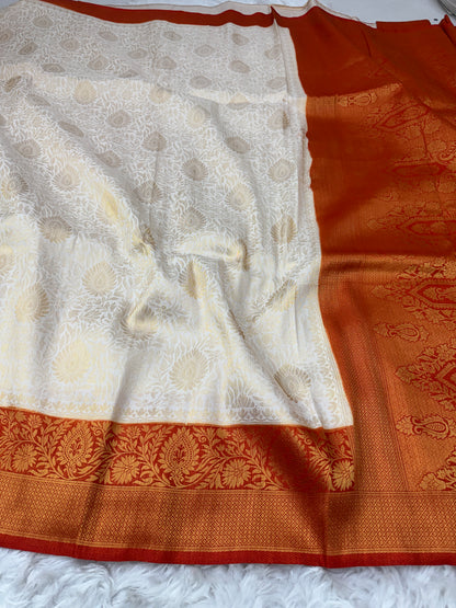 Off White to Burnt Orange Kanjivaram Soft Silk Saree