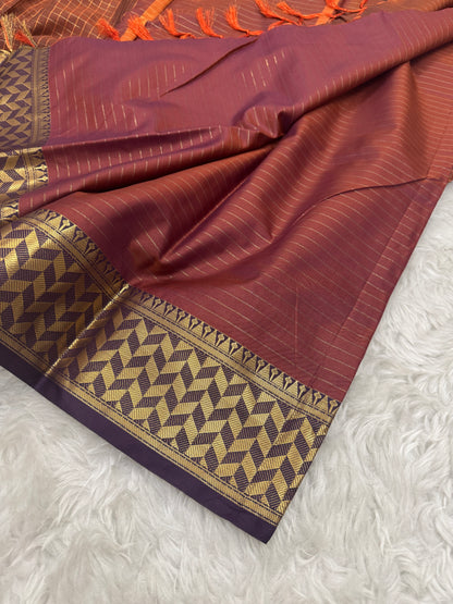 Rust Orange Semi Kanchipuram Silk Checks Saree