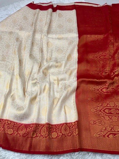 Off White to Maroon Kanjivaram Soft Silk Saree