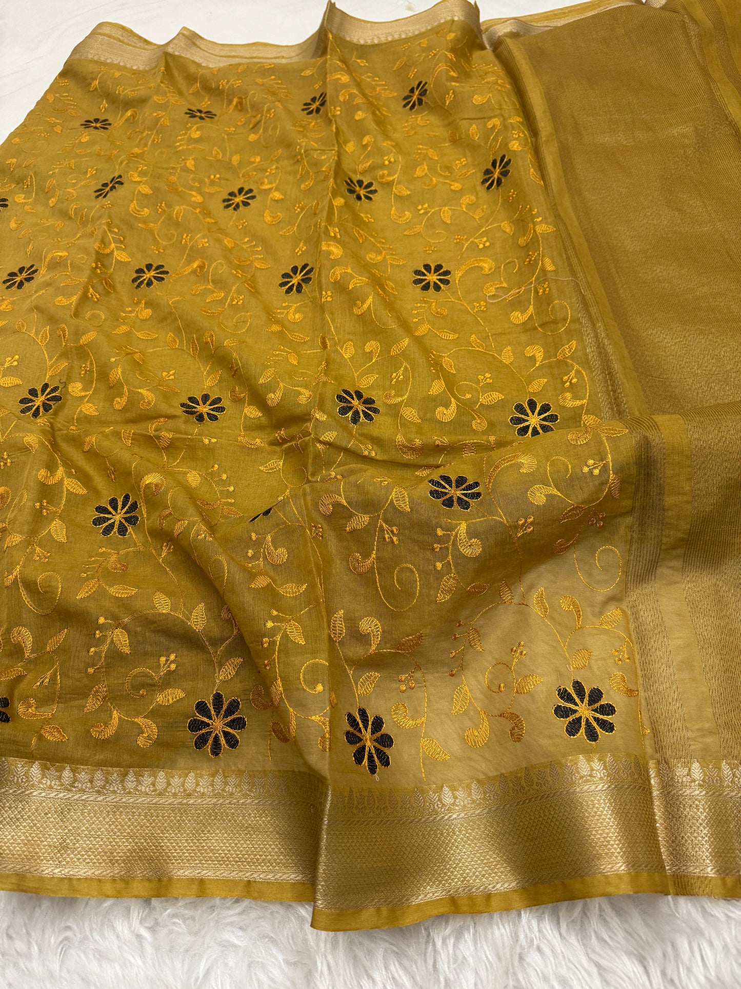 Mustard Yellow Mul Chanderi Chikankari Saree