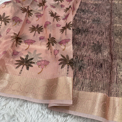 Rose Pink Banarasi Kota Check Tissue Silk Printed Saree