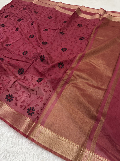 Maroon Mul Chanderi Chikankari Saree