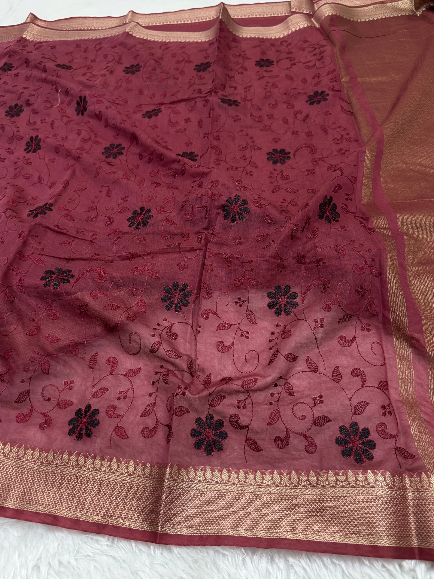 Maroon Mul Chanderi Chikankari Saree