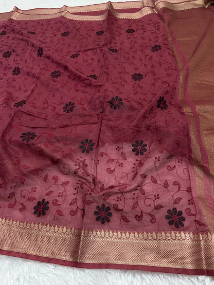 Maroon Mul Chanderi Chikankari Saree