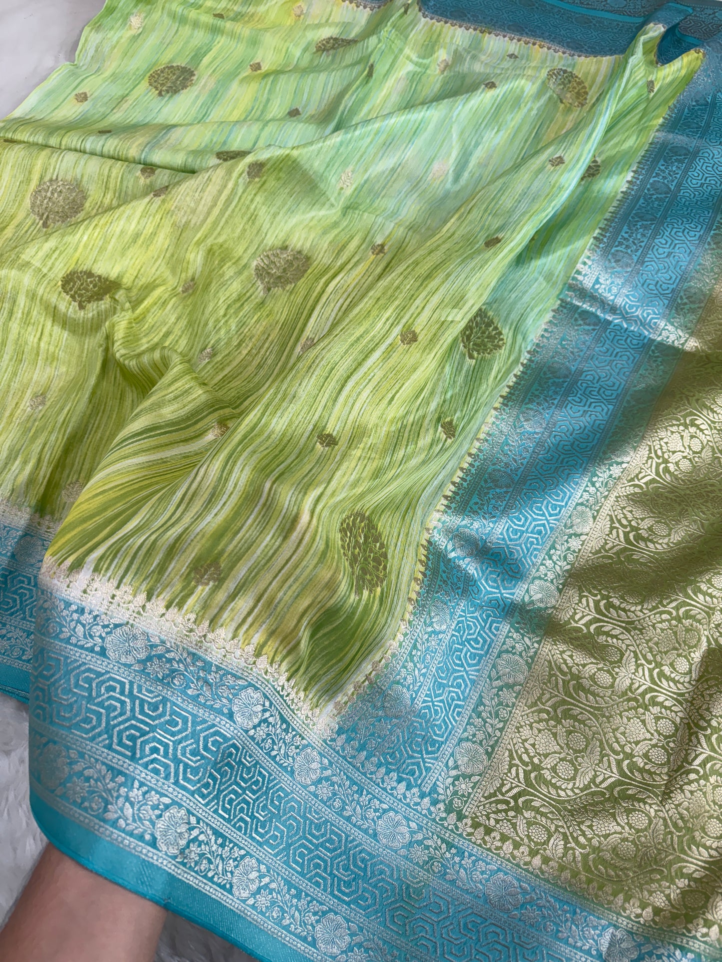 Lime Green and Ocean Teal Banarasi Handbrush Organza Crepe Silk Saree