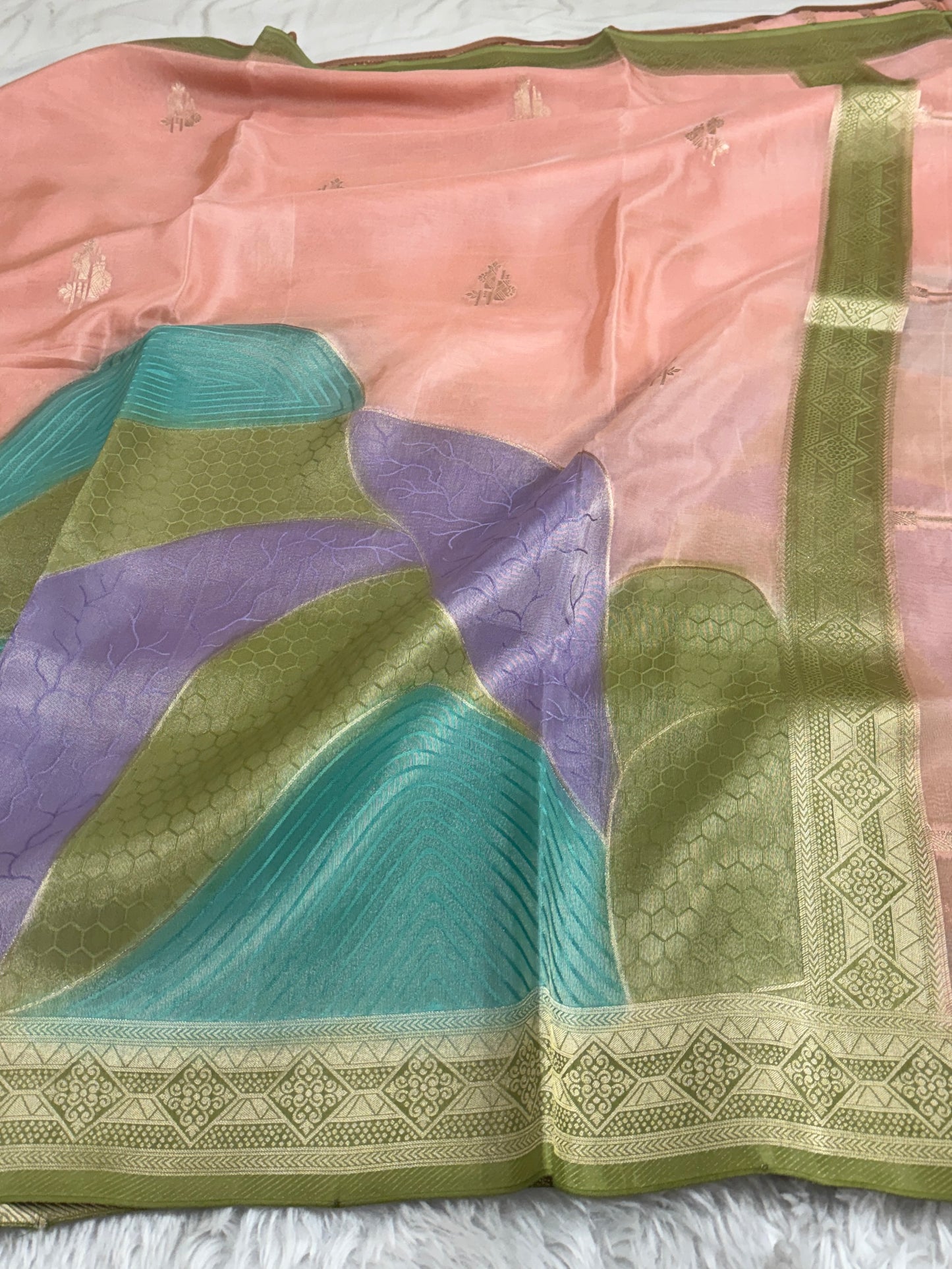 Peach Banarasi Rangkaat Organza Crepe Silk Saree