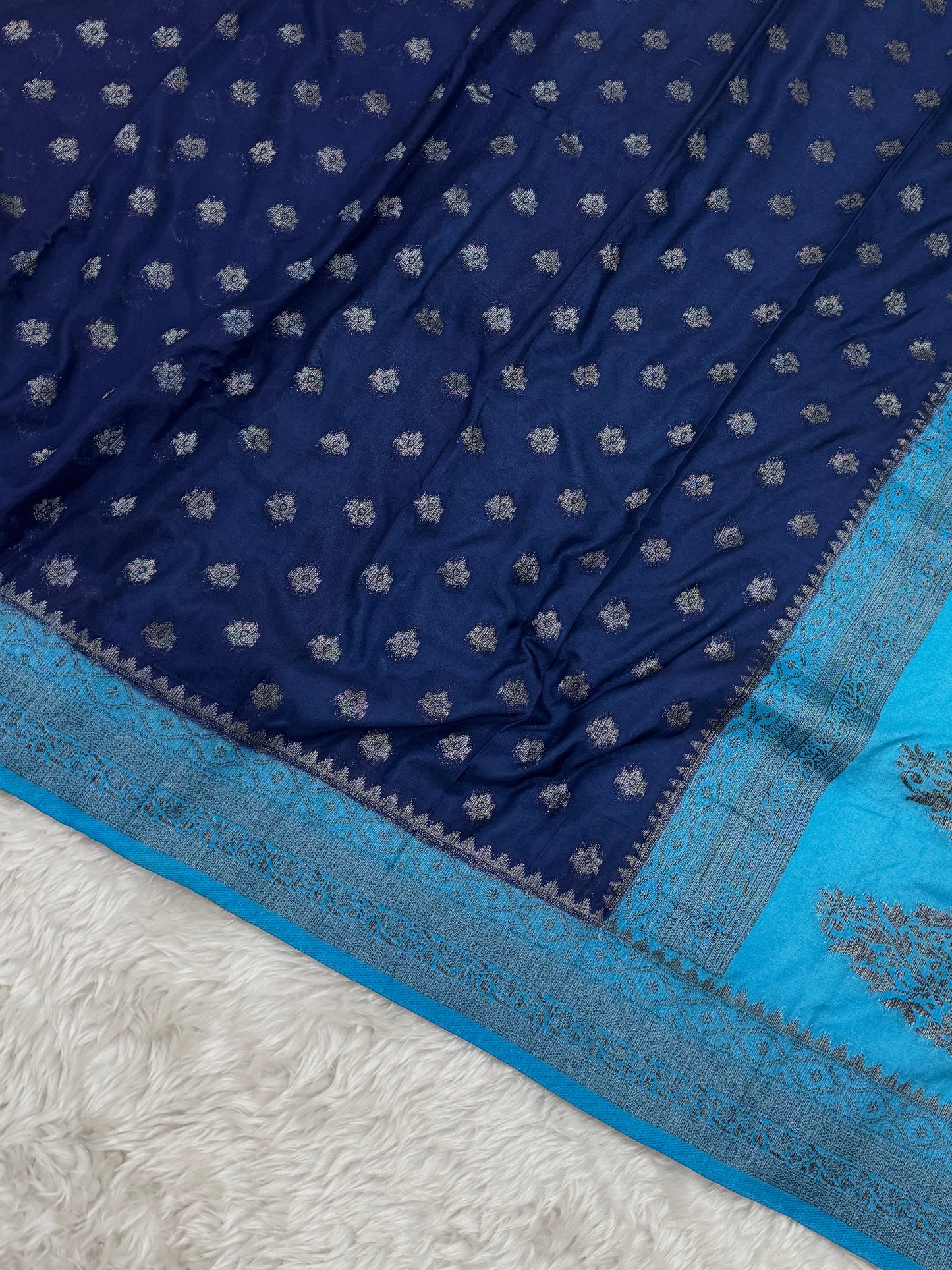 Navy Blue to Firozi Banarasi Crepe Georgette Saree