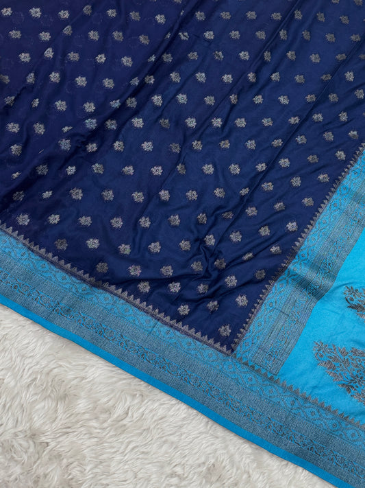Navy Blue to Firozi Banarasi Crepe Georgette Saree