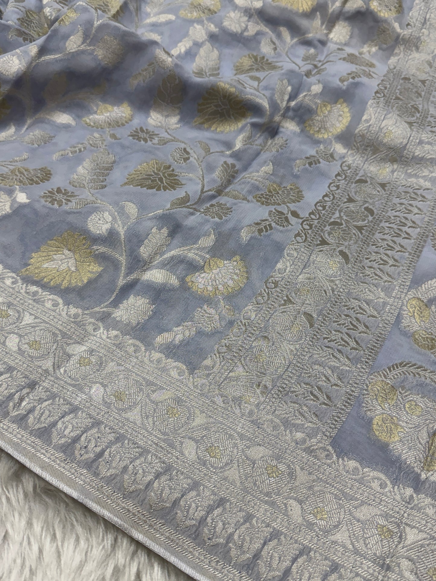 Ash Grey Banarasi Viscose Khaddi Georgette Saree