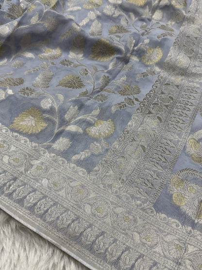Ash Grey Banarasi Viscose Khaddi Georgette Saree