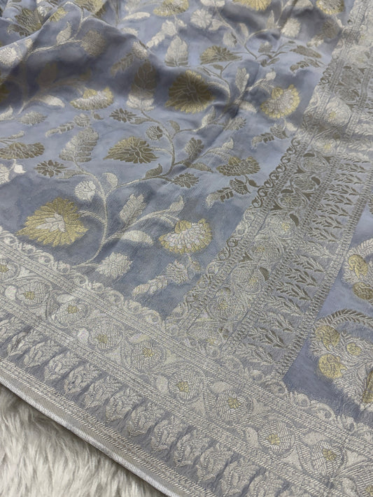 Ash Grey Banarasi Viscose Khaddi Georgette Saree