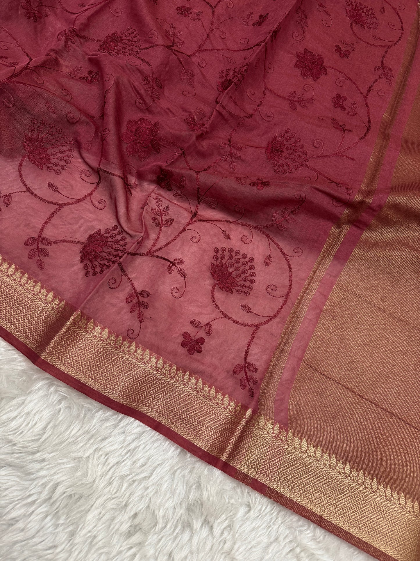 Maroon Mul Chanderi Chikankari Saree