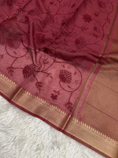Maroon Mul Chanderi Chikankari Saree