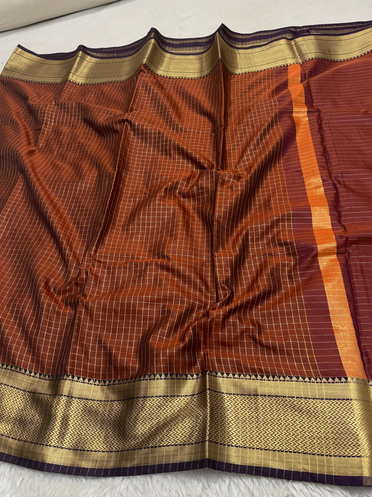 Rust Orange Semi Kanchipuram Silk Checks Saree