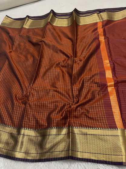 Rust Orange Semi Kanchipuram Silk Checks Saree