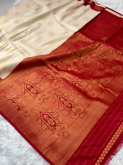 Off White to Maroon Kanjivaram Soft Silk Saree