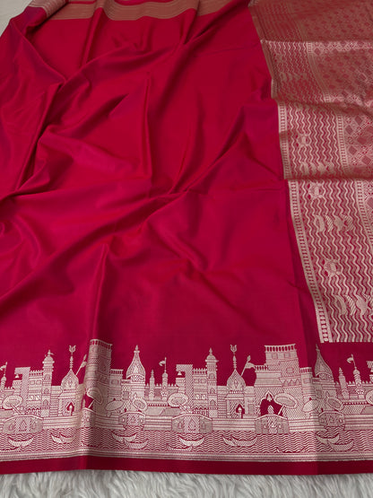 Deep Rani Pink Kashi Ghat Banarasi Satin Katan Silk Saree
