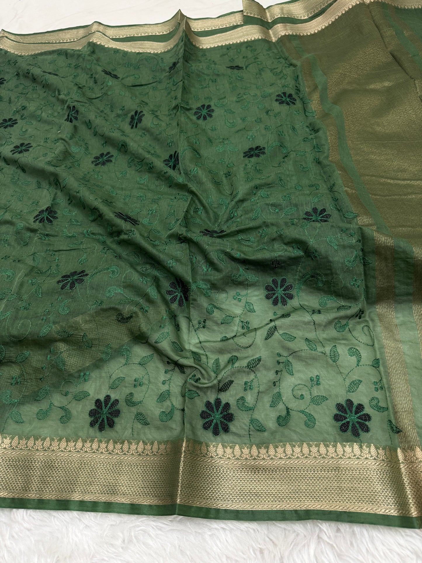 Bottle Green Mul Chanderi Chikankari Saree