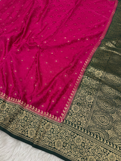 Rani Pink to Bottle Green Banarasi Mashru Silk Saree