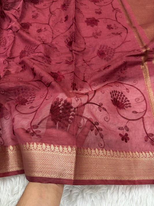 Maroon Mul Chanderi Chikankari Saree
