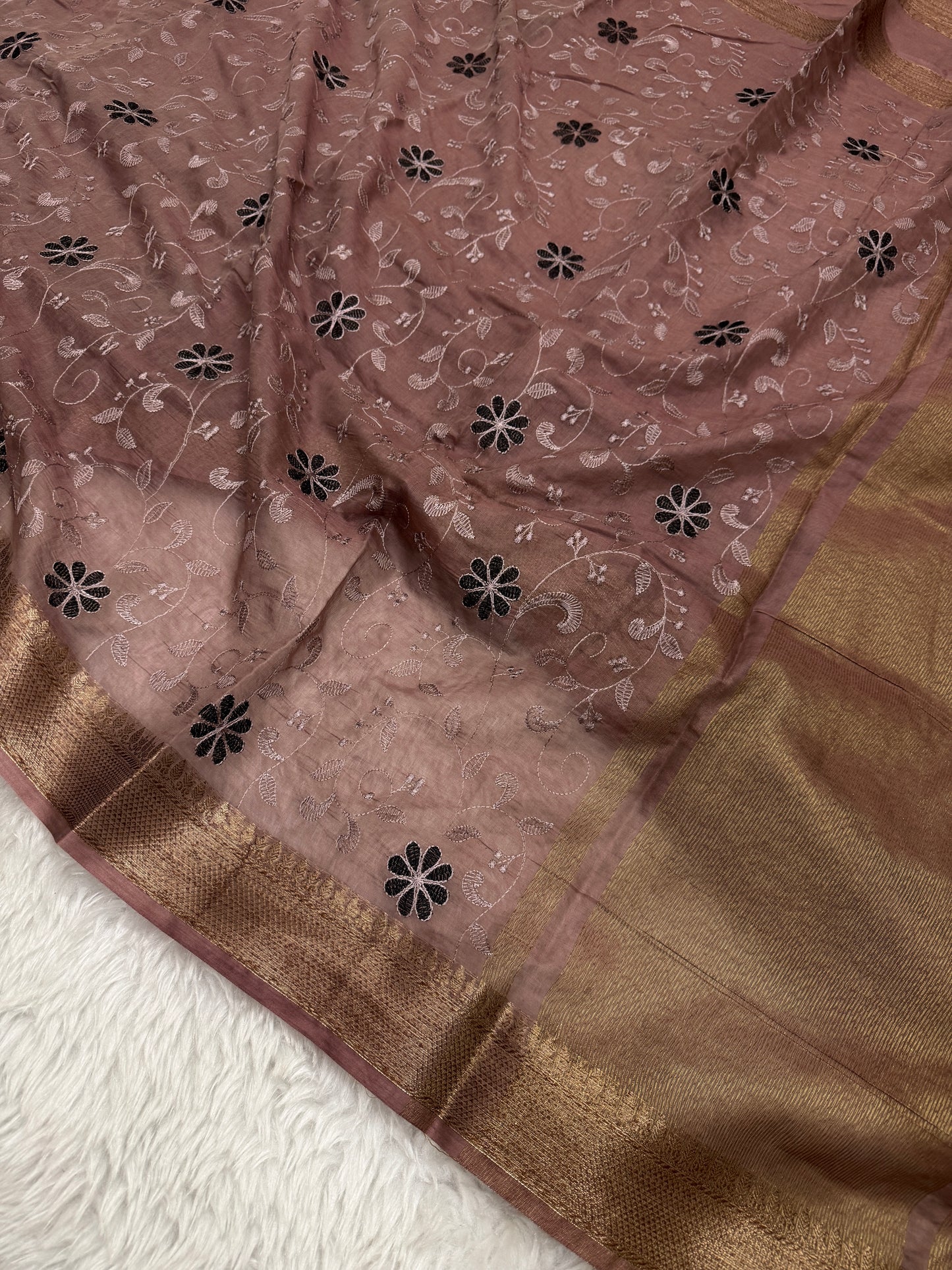 Mauve Brown Mul Chanderi Chikankari Saree