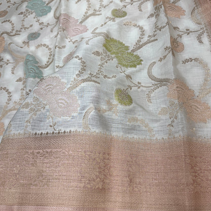 Off White to Peach Banarasi Meenakari Jaal Semi Tussar Silk Saree