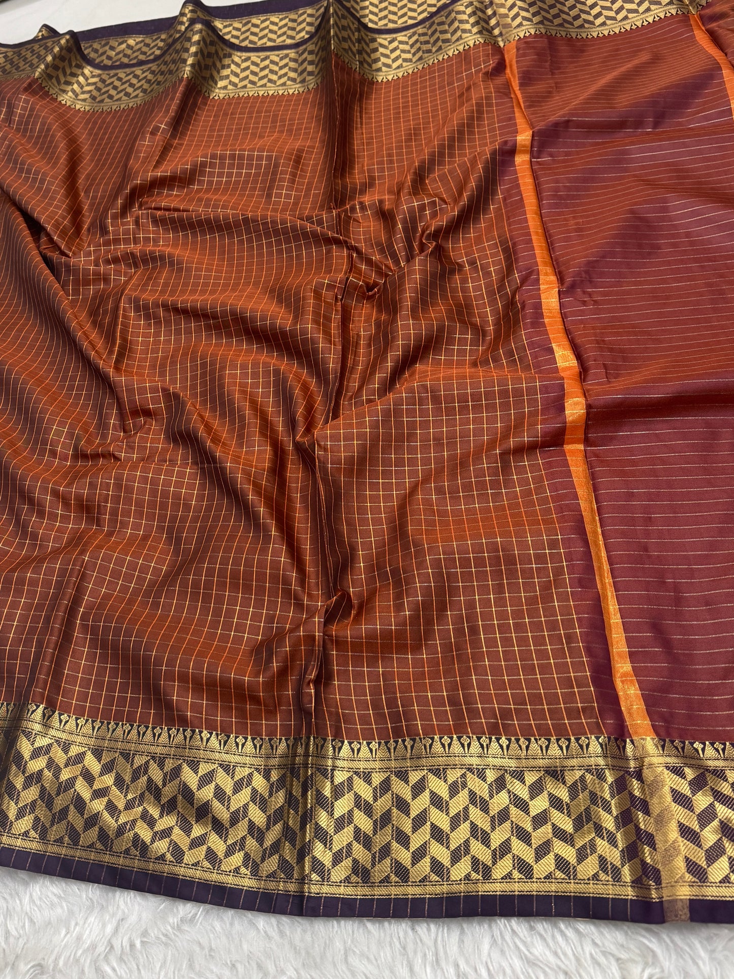 Rust Orange Semi Kanchipuram Silk Checks Saree