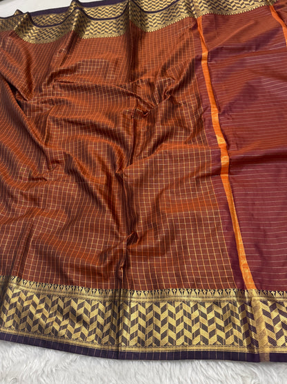 Rust Orange Semi Kanchipuram Silk Checks Saree