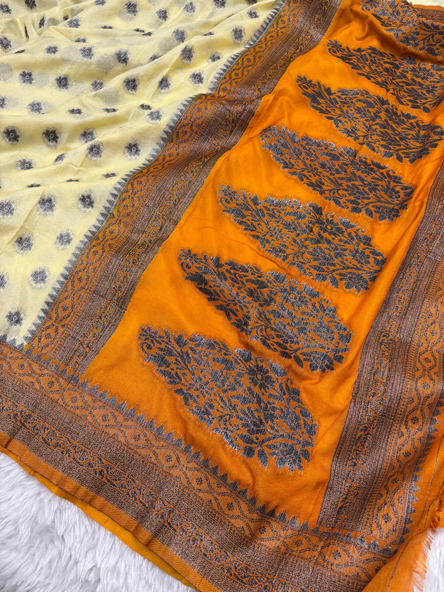 Lemon Yellow to Mustard Banarasi Crepe Georgette Saree