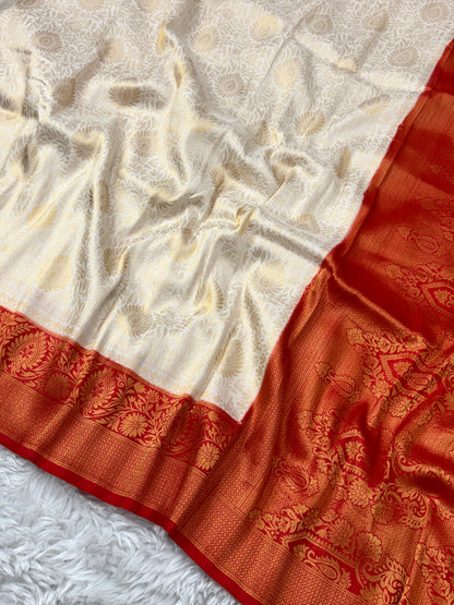 Off White to Red Kanjivaram Soft Silk Saree