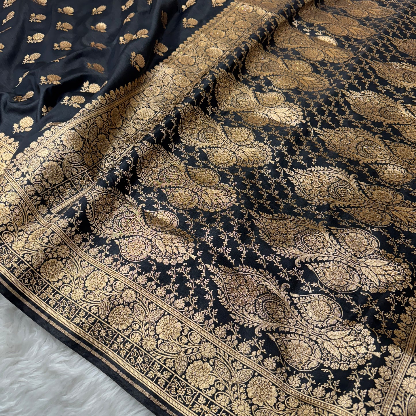 Black Banarasi Satin Silk Saree With Swarovski Work - BN61